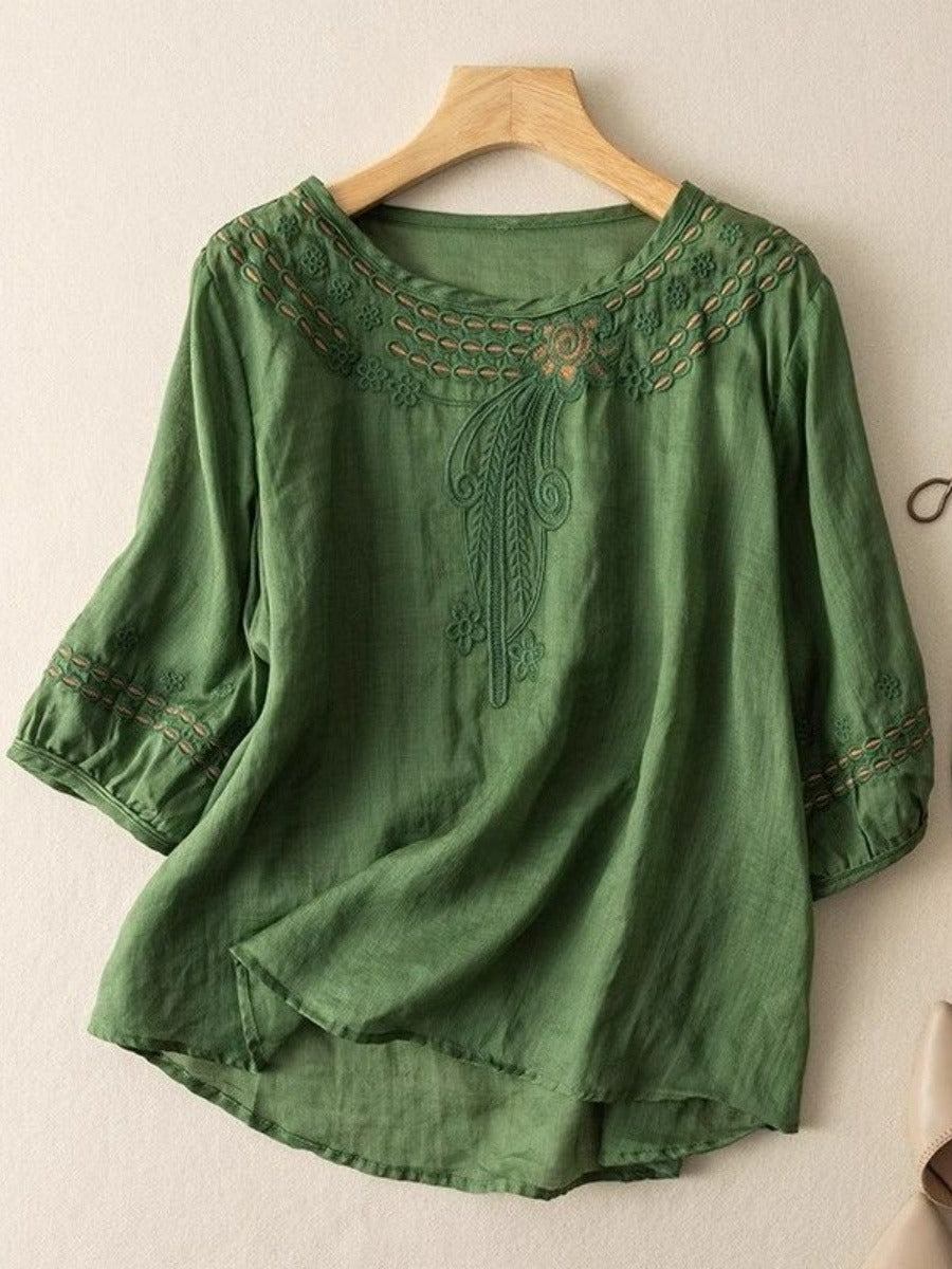 Damen Bestickte Leinenoptik-Bluse mit Rundhalsausschnitt und Dreiviertelärmeln Shop Nory