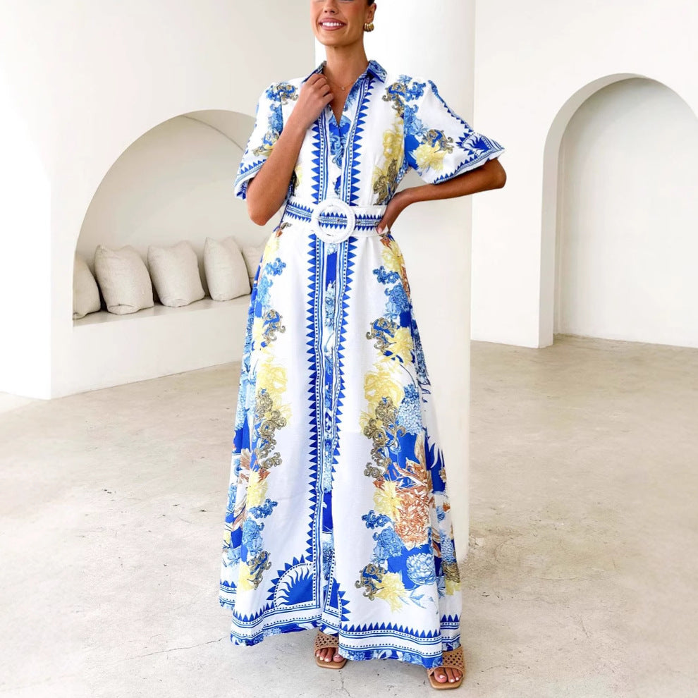 Damen Maxikleid mit floralem Knopfleisten-Design und tailliertem Gürtel