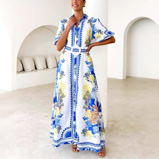 Damen Maxikleid mit floralem Knopfleisten-Design und tailliertem Gürtel
