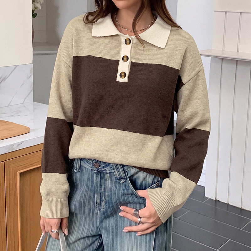 Damen Gestreifter Feinstrick-Polo mit Knopfblende und lockerer Passform Shop Nory