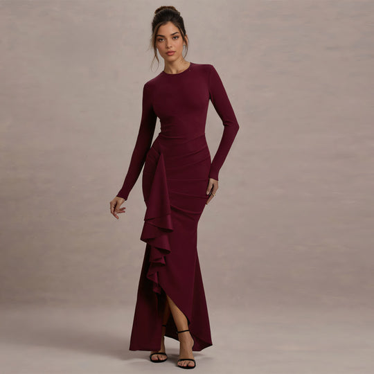 Damen Elegantes Abend-Maxikleid mit langen Ärmeln, figurbetonter Silhouette und seitlichem Volant Shop Nory