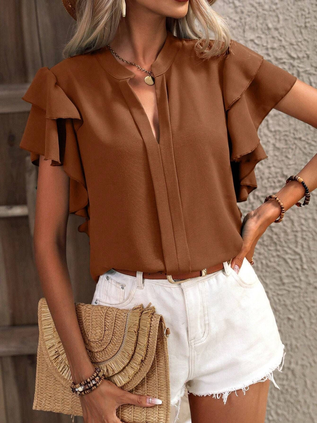 Damenbluse mit Rüschendetails und elegantem V-Ausschnitt