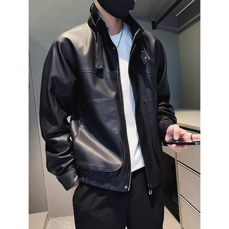 Herren Biker-inspirierte Kunstleder-Bomberjacke mit Stehkragen und elastischem Saum Shop Nory