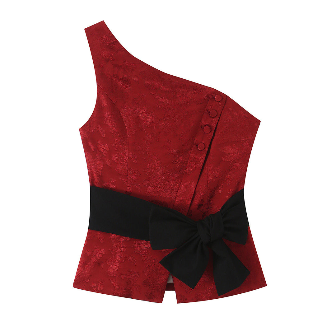 Damen Ein-Schulter Jacquard-Top mit Taillenband und Zierschleife Shop Nory