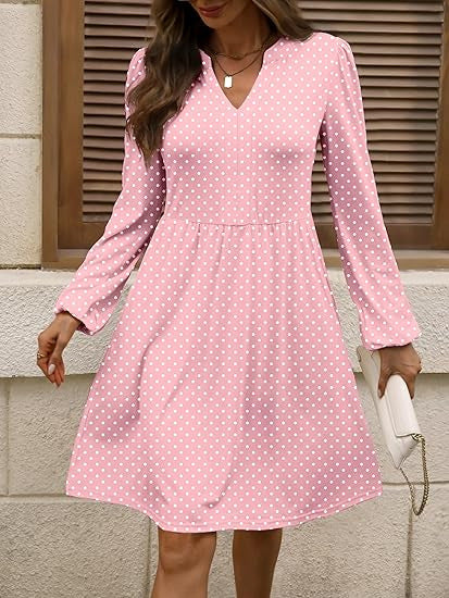 Damen Polka‑Dot A‑Linien Kleid mit V‑Ausschnitt und Taillennaht Shop Nory