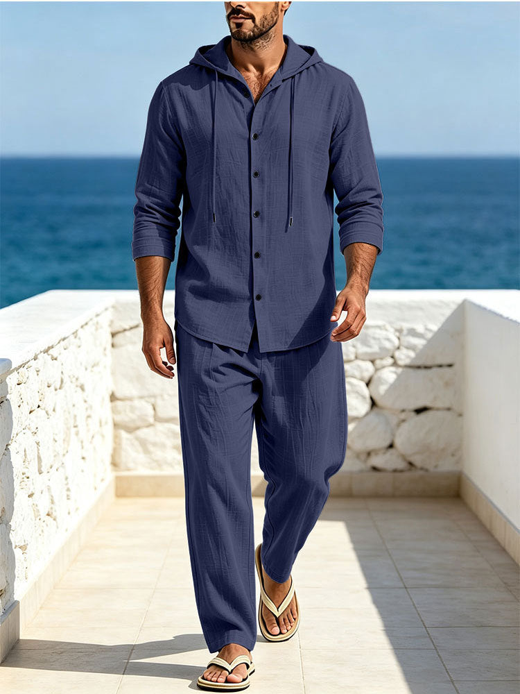 Herren Atmungsaktives Baumwoll-Gauze Loungewear-Set mit Kapuzenhemd und weiten Sommerhosen Shop Nory