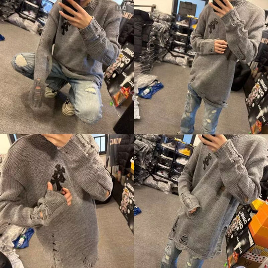 Damen Modischer Grobstrickpullover mit Rollkragen und distressed Design Shop Nory