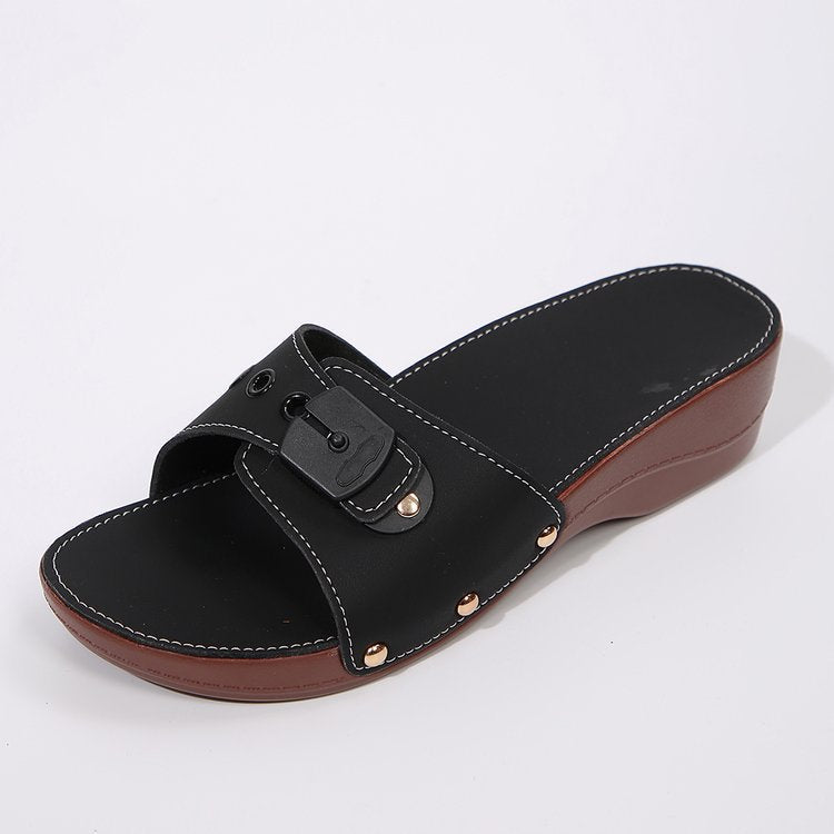 Damen nan Schlupf-Pantolette mit gepolstertem Komfortfußbett, dekorativer Schnalle und leichter Keilsohle