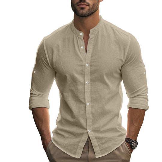 Herren Langarm-Hemd mit modernem Henley-Kragen und kontrastierenden Knopfdetails