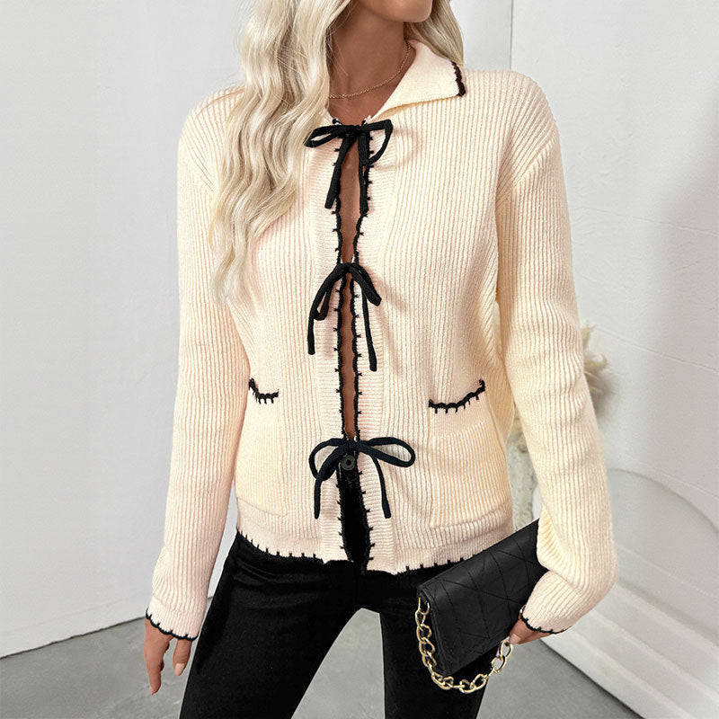 Damen Feinstrick-Cardigan mit dekorativem Bändchenverschluss und Kontrastkanten Shop Nory