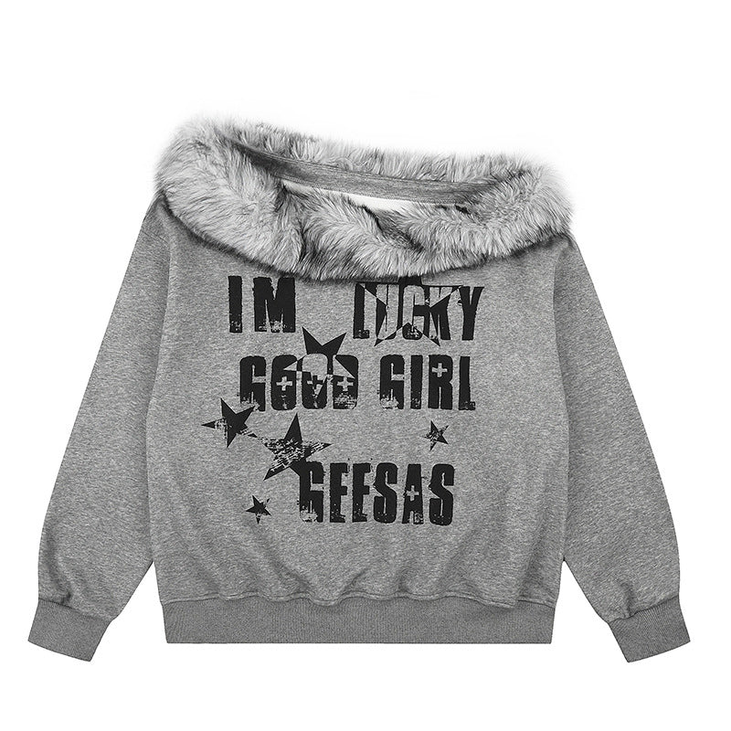Damen Off-Shoulder Oversize-Sweatshirt mit kuscheligem Faux-Fur-Kragen und distressed Stern-Print Shop Nory