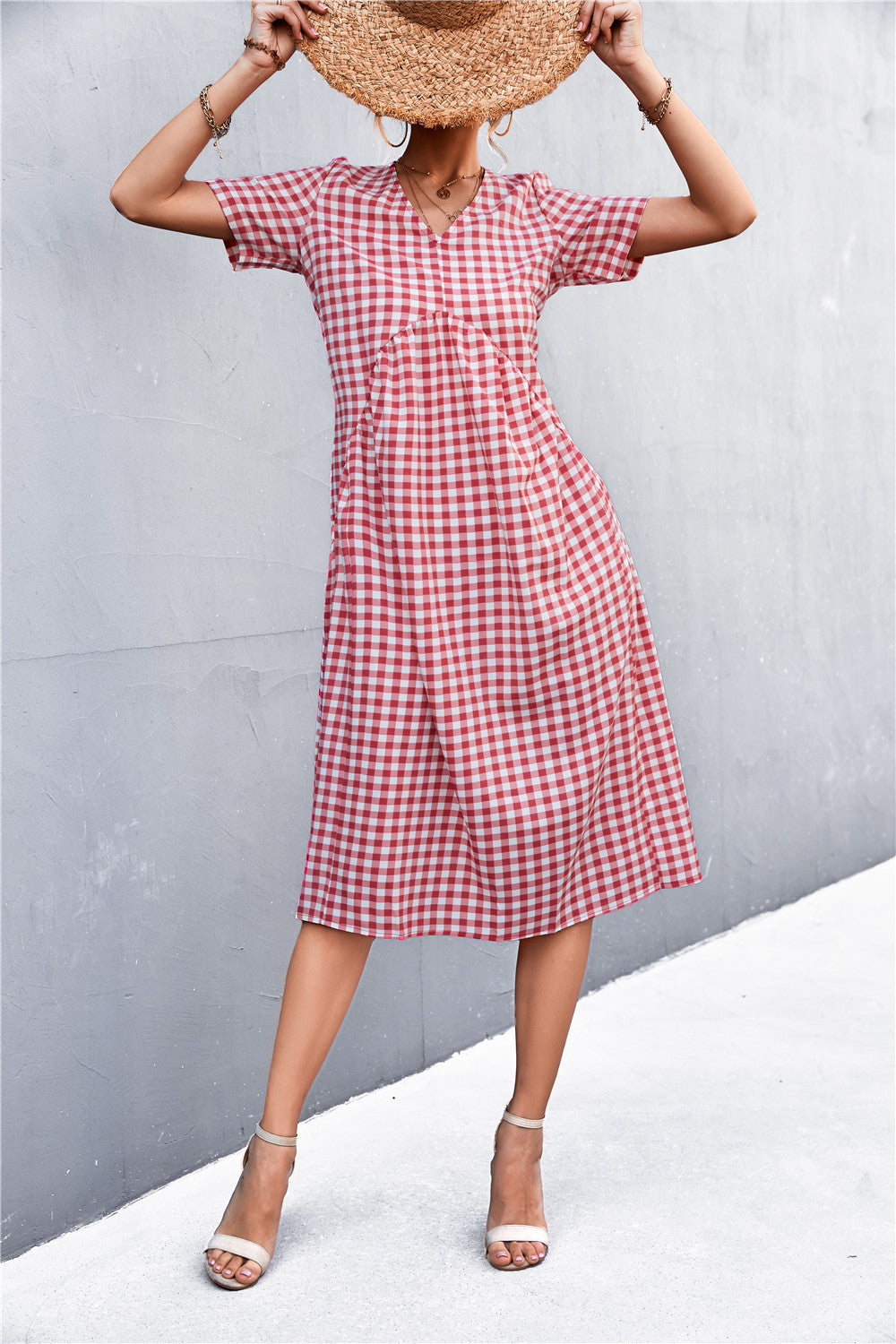 Damen V-Ausschnitt Midikleid mit kariertem Design und ausgestelltem Rock