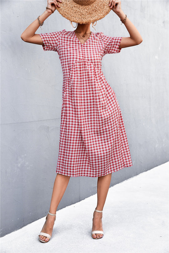 Damen V-Ausschnitt Midikleid mit kariertem Design und ausgestelltem Rock