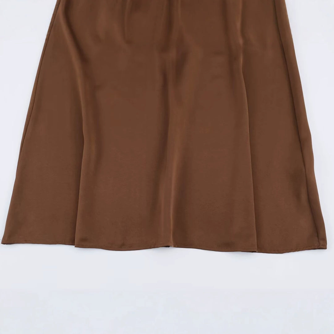 Damen Elegantes Satin-Maxikleid mit V-Ausschnitt und Spitzenbesatz Shop Nory