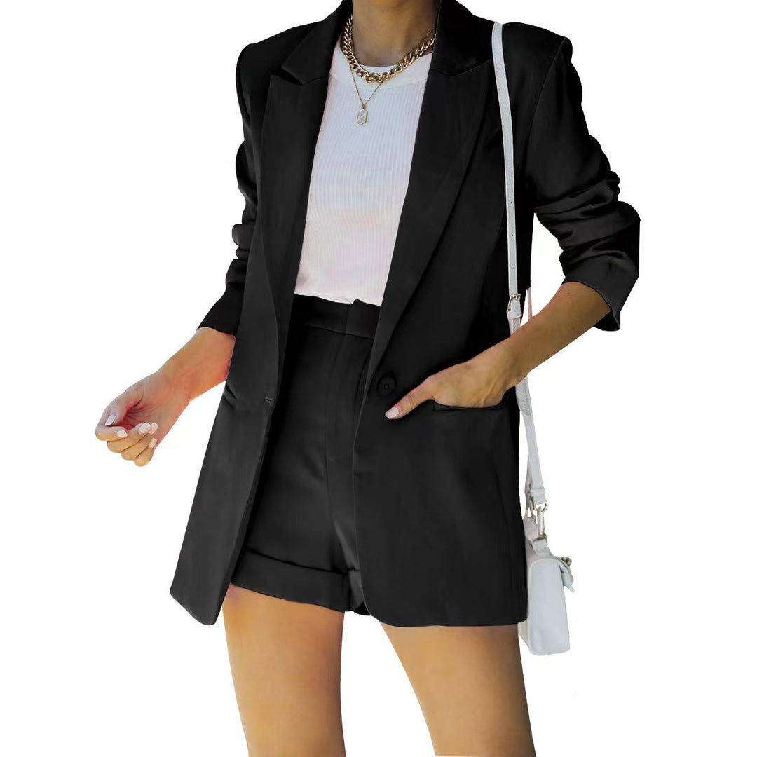 Damen nan figurbetontes Longblazer- und High-Waist-Shorts-Set mit überschnittenen Schultern und aufgesetzten Taschen Shop Nory