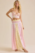 Damen nan romantisches Crop-Top mit Spaghettiträgern und gestuftem Patchwork-Maxirock Shopnory