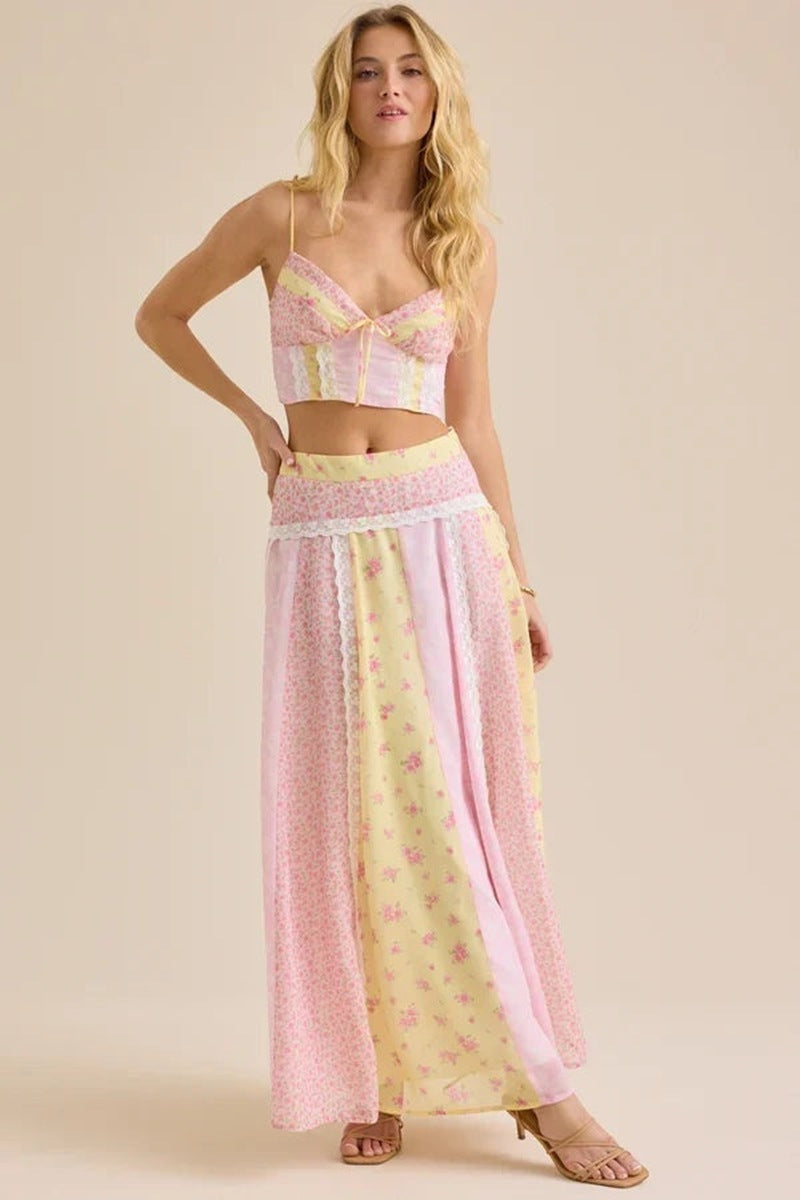 Damen nan romantisches Crop-Top mit Spaghettiträgern und gestuftem Patchwork-Maxirock Shopnory