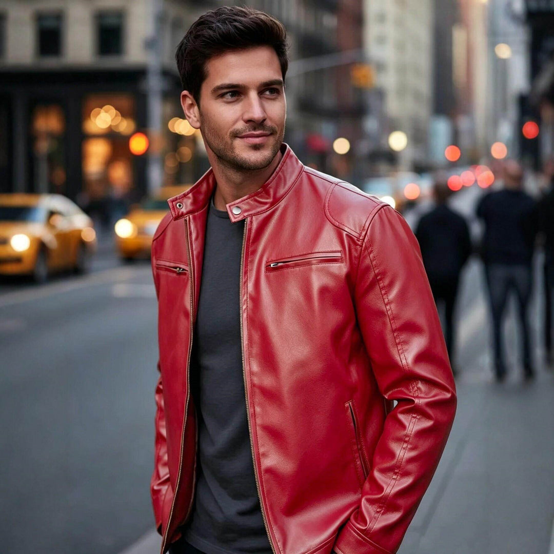 Herren Biker‑Style Kunstlederjacke mit Stehkragen und Reißverschlusstaschen Shop Nory