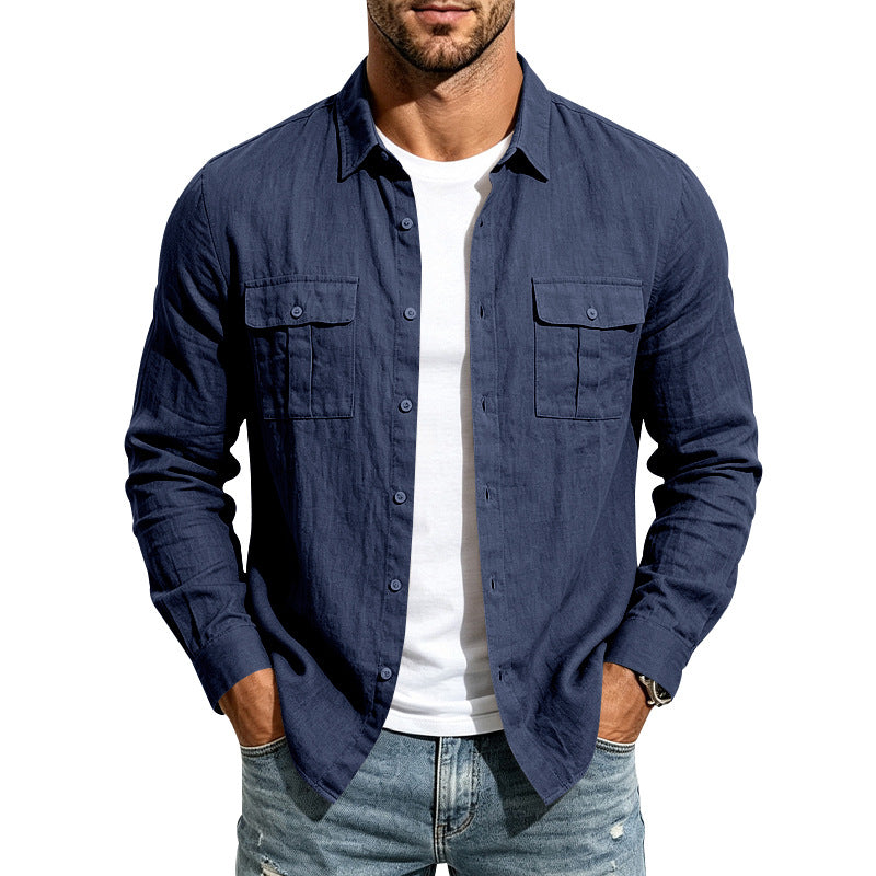 Herren lässiges Langarm-Leinenhemd mit Brusttaschen Shop Nory