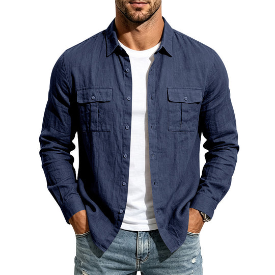 Herren lässiges Langarm-Leinenhemd mit Brusttaschen Shop Nory