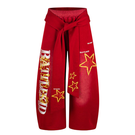 Damen Weite Palazzo-Culottehose mit integriertem Bindegürtel und Stern-Grafik Shop Nory
