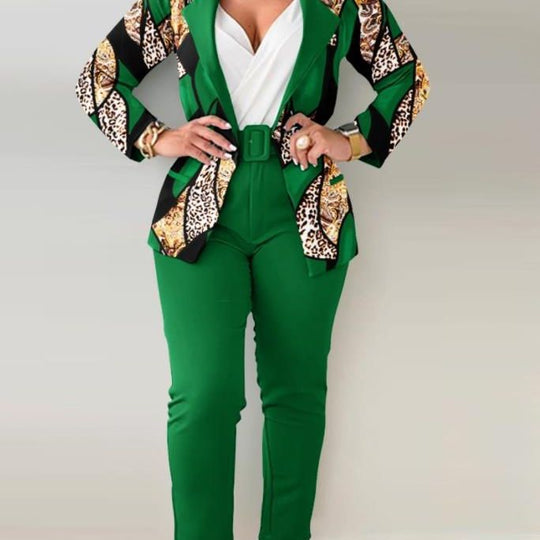 Damen Tailoring-Set mit Animal-Print-Revers, tailliertem Gürtelblazer und High‑Waist-Slimhose Shop Nory