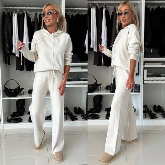 Damen kuscheliger Strick-Jogginganzug mit kurzem Kapuzenpullover und weitem Fließbein Shop Nory