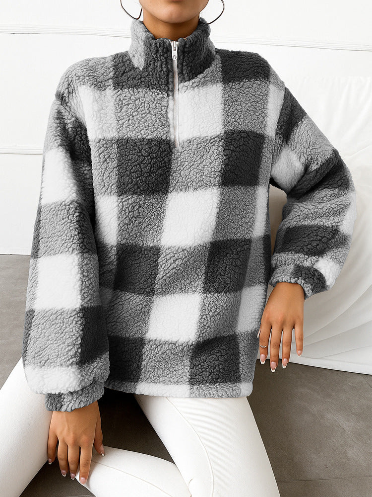 Damen nan kariertes Teddy-Fleece Pullover mit Stehkragen und halbhohem Reißverschluss Shop Nory