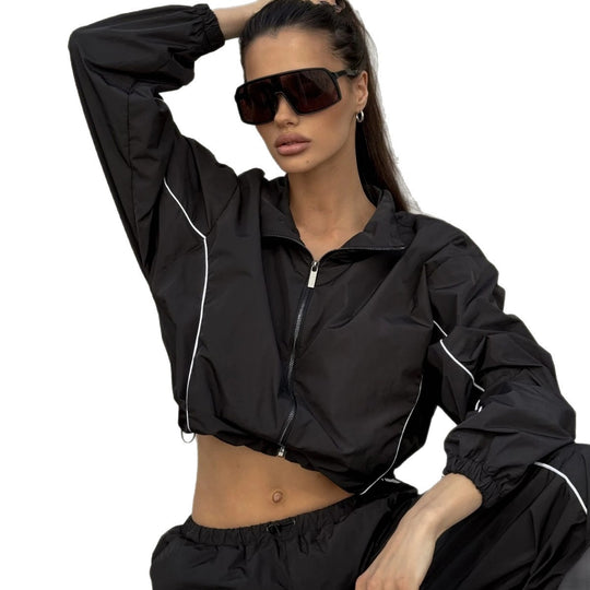 Damen Kurz geschnittene Windbreaker Jacke mit halbem Reißverschluss, Tunnelzug und elastischen Bündchen Shop Nory