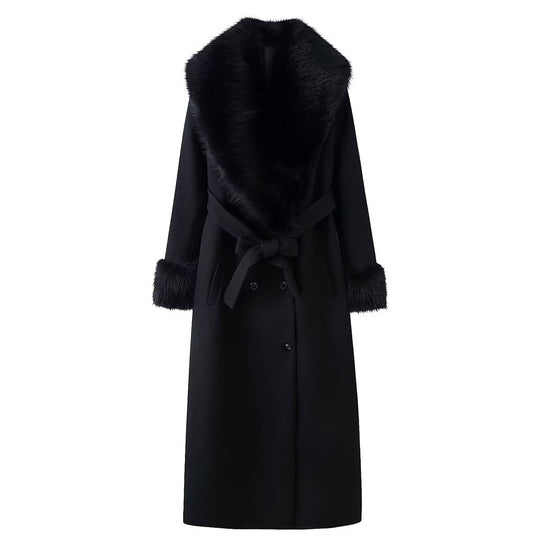 Damen Eleganter Wollmantel mit großem Kunstfellkragen und Bindegürtel Shop Nory