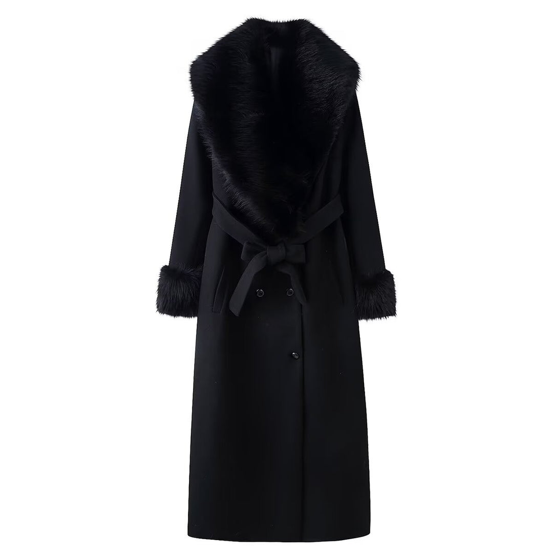Damen Langer eleganter Wollmix-Mantel mit breitem Kunstfellkragen, Bindegürtel und Fellmanschetten Shop Nory