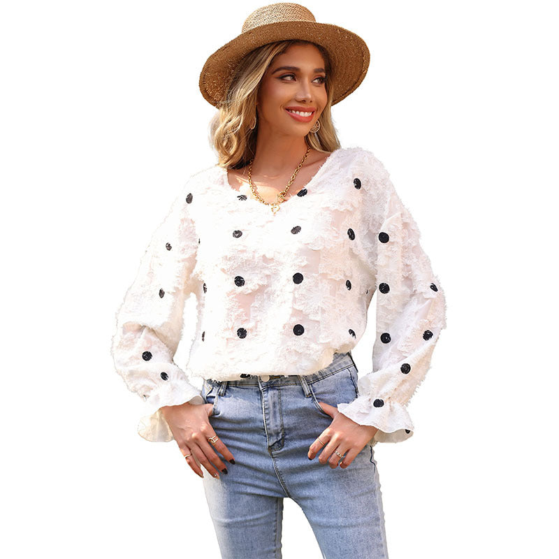Damen Texturiertes V-Ausschnitt-Blusenshirt mit Fransenstruktur und Punkteapplikation Shop Nory