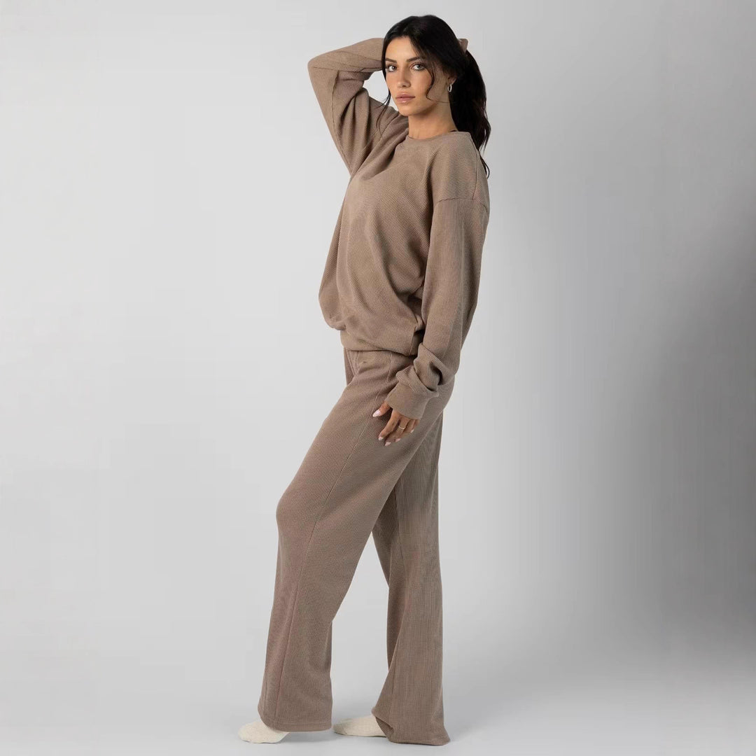Damen geräumiges Waffelstrick-Loungewear-Set mit Rundhalsausschnitt und Tunnelzughose Shop Nory