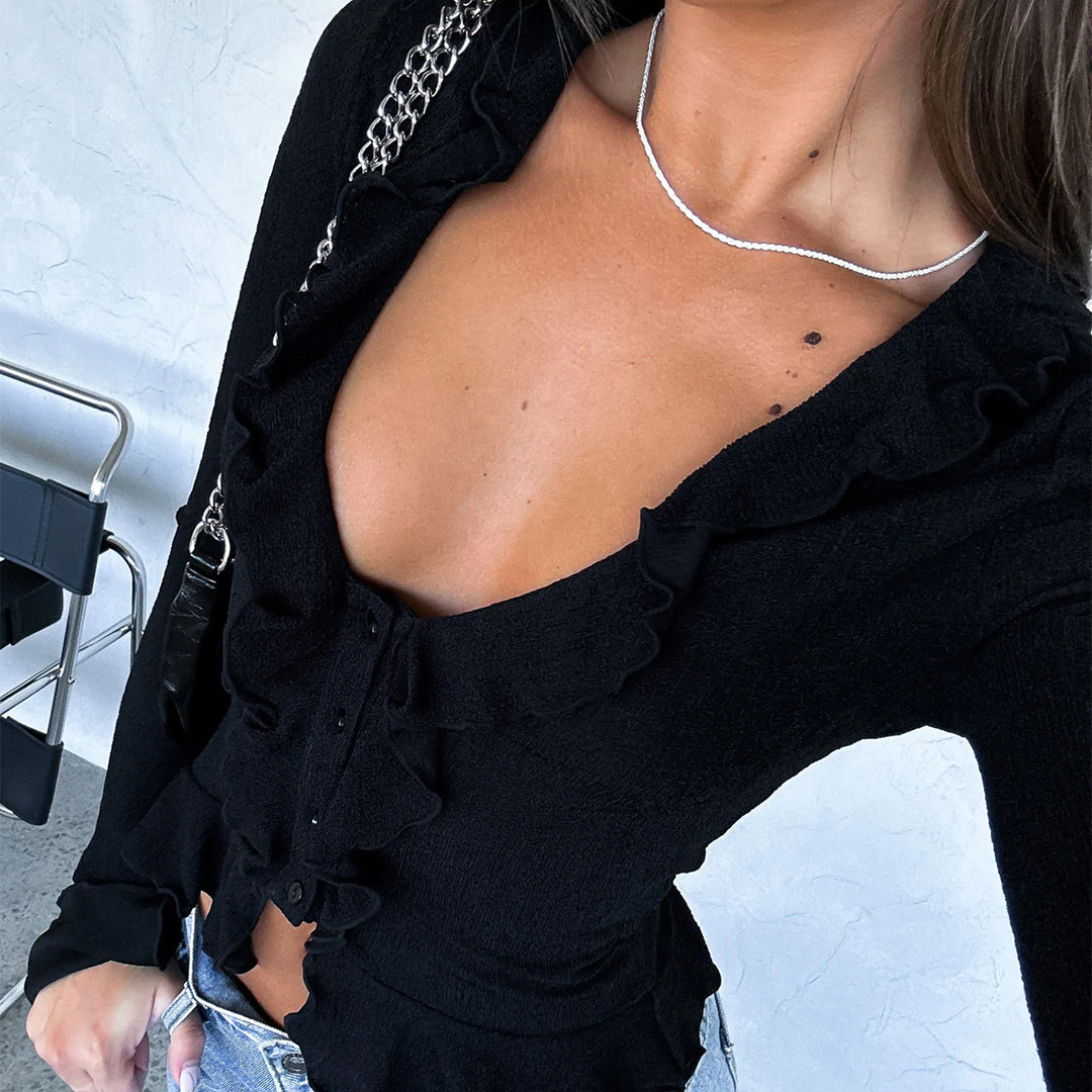 Damen nan tailliertes Rüschen-Feinstrick-Cardigan mit Bindeband, V-Ausschnitt und Volantärmeln Shop Nory