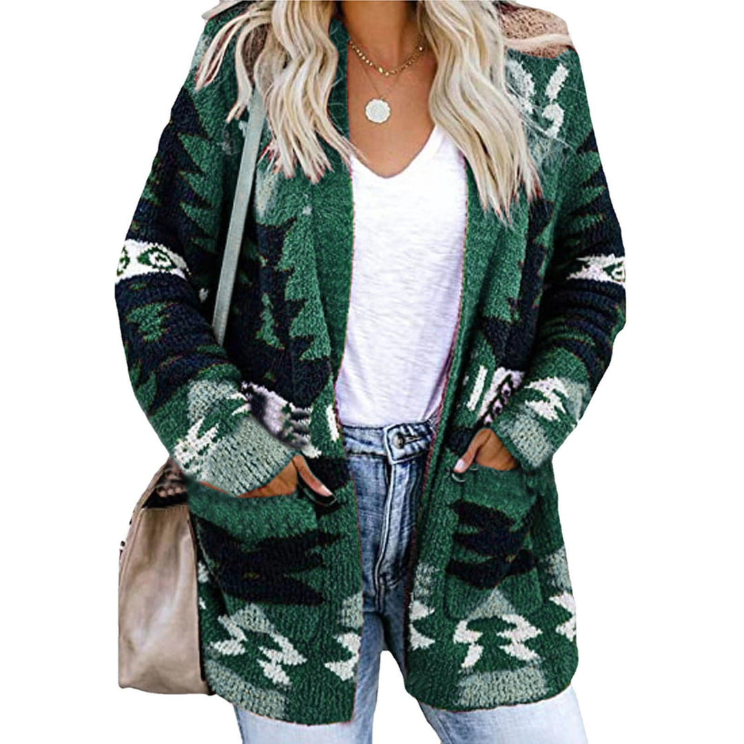 Damen Strickjacke im modernen Ethno-Design mit aufgesetzten Taschen und lässigem Schnitt