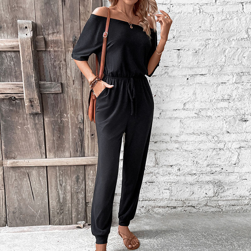 Damen Schulterfreier Lässiger Overall mit Tunnelzugbund und langen Hosenbeinen Shop Nory