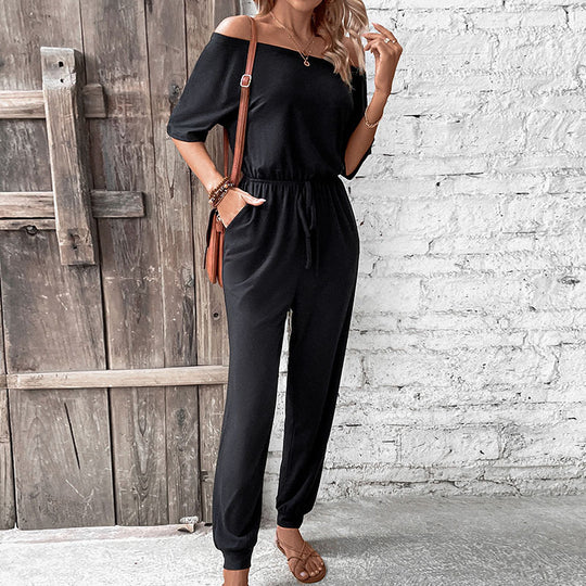 Damen Schulterfreier Lässiger Overall mit Tunnelzugbund und langen Hosenbeinen Shop Nory