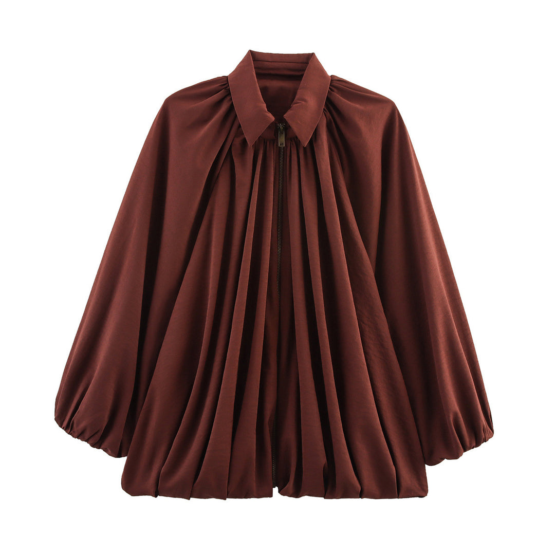 Damen Weite plissierte Cape-Übergangsjacke mit Reißverschluss und ballonförmigem Saum Shop Nory