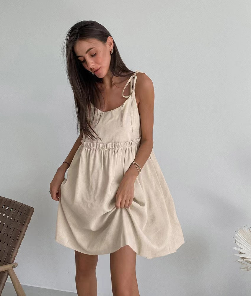 Damen lässiges Spaghettiträger-Kleid mit elastischem Bund und dekorativen Schleifen
