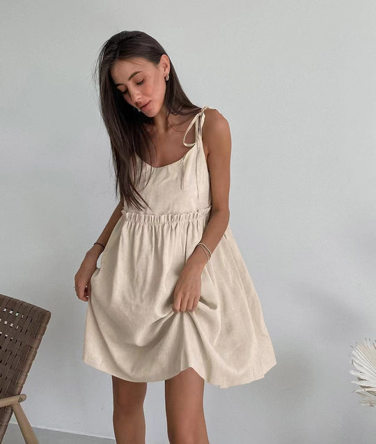 Damen lässiges Spaghettiträger-Kleid mit elastischem Bund und dekorativen Schleifen