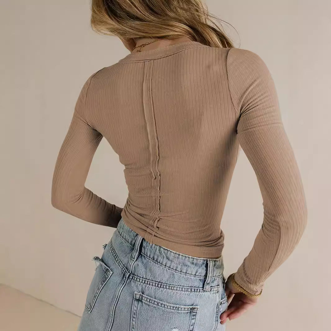 Damen Langärmeliges Rippstrick-Top mit V-Ausschnitt und verlängerten Ärmelmanschetten Shop Nory