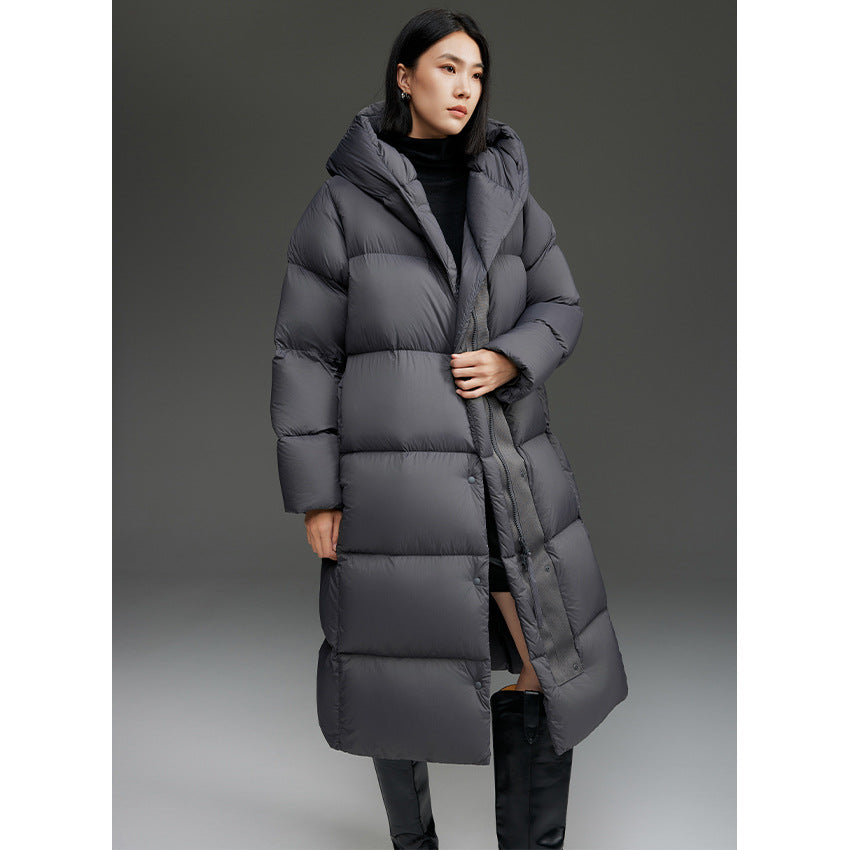 Damen Extra-langer wattierter Steppmantel mit Kapuze, Thermo-Füllung und Zwei-Wege-Reißverschluss Shop Nory