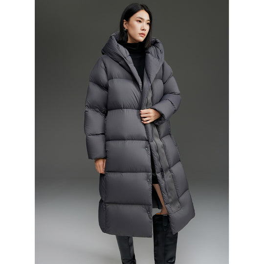 Damen Extra-langer wattierter Steppmantel mit Kapuze, Thermo-Füllung und Zwei-Wege-Reißverschluss Shop Nory