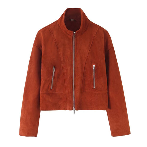 Damen Kurzjacke im Boxy-Cropped-Schnitt aus Velourslederoptik mit Stehkragen und Metallreißverschlüssen Shop Nory