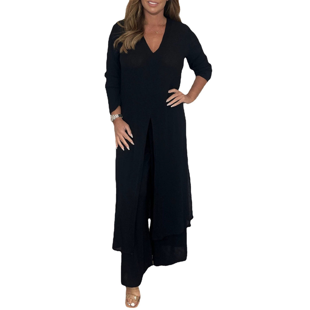 Damen Langes V‑Ausschnitt Tunika‑Kleid mit Frontschlitz und weiter Palazzohose Shop Nory