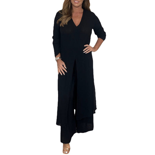 Damen Langes V‑Ausschnitt Tunika‑Kleid mit Frontschlitz und weiter Palazzohose Shop Nory