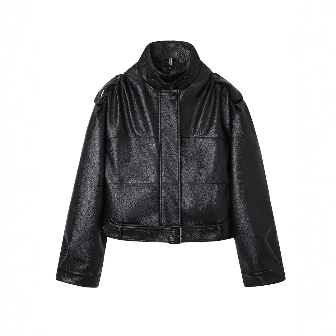 Damen Kurzjacke im Utility-Look aus strukturierter Kunstlederoptik mit hohem Stehkragen und verstellbarem Taillengürtel Shop Nory