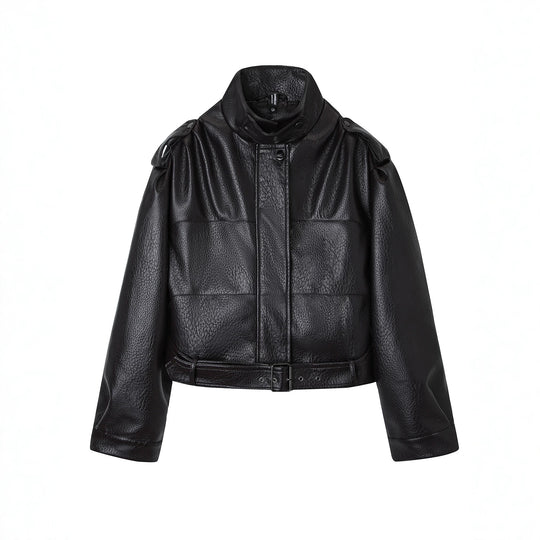 Damen Kurzjacke im Utility-Look aus strukturierter Kunstlederoptik mit hohem Stehkragen und verstellbarem Taillengürtel Shop Nory