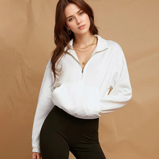 Damen halbzip Cropped Sweatshirt mit hohem Stehkragen, Kängurutasche und elastischem Saum Shop Nory