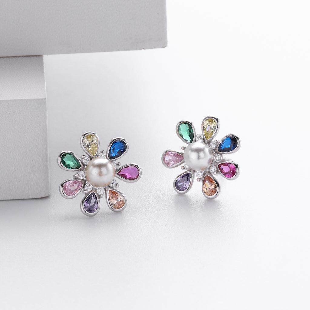 Damen Ohrstecker mit luxuriösem Blumenmotiv aus hochglänzendem 925 Sterling Silber und bunten Zirkonsteinen Shop Nory